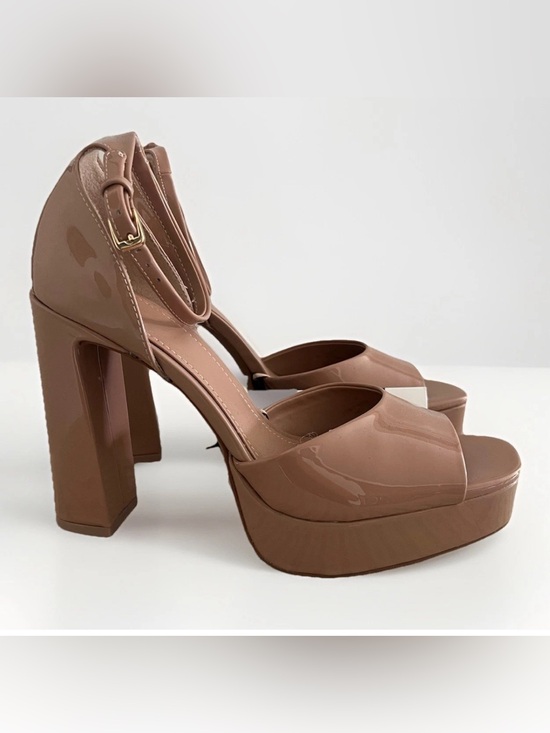 NEW Zara Nude Patent Platform Block Heel Sandals 8